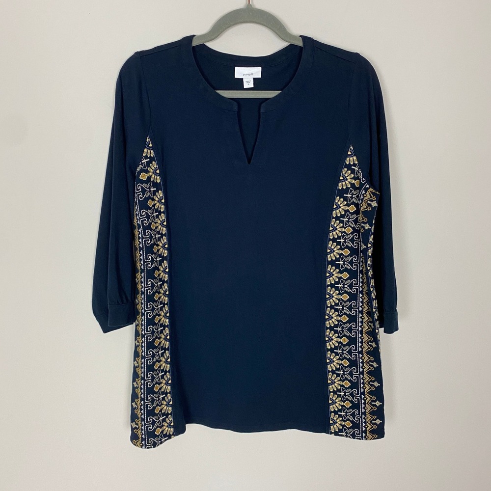 PureJill J Jill Embroidered Top Womens Medium Blue‎ Cotton Casual Geometric